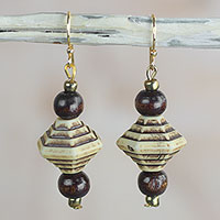 Recycled plastic and sese wood dangle earrings, 'Chic Safari' - Wood and Recycled Plastic Dangle Earrings from Ghana