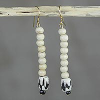 Wood dangle earrings, 'Resonate' - Black Sound Wave Pattern on Cream Wood Bead Dangle Earrings