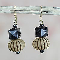 Wood and recycled plastic dangle earrings, 'Geometric Blooms' - Geometric Floral Recycled Sese Wood Dangle Earrings