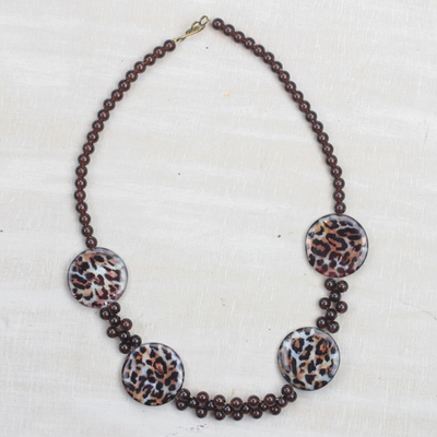 Recycled plastic beaded necklace, 'Leopard Style' - Leopard Motif Recycled Plastic Beaded Necklace from Ghana