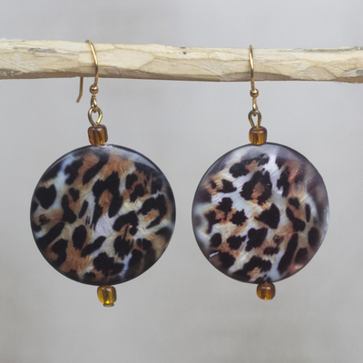 Recycled glass dangle earrings, Leopard Style