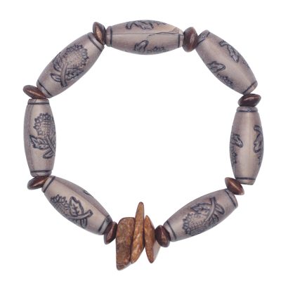 Sese wood and coconut shell beaded stretch bracelet,