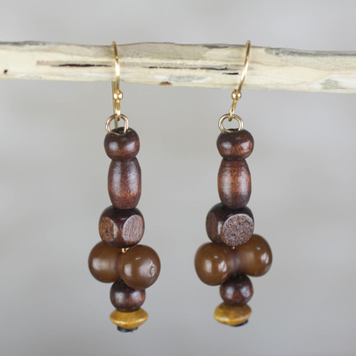 Wood and recycled plastic beaded dangle earrings, 'Boho Queen' - Recycled Plastic and Sese Wood Boho Queen Dangle Earrings