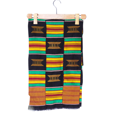 Cotton blend kente cloth shawl, 'Royal Victory' - Checkered Handwoven Ashanti Golden Throne Kente Shawl