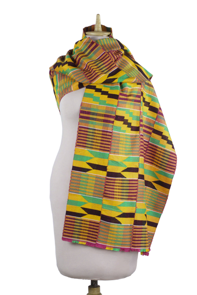 Cotton blend kente cloth shawl, 'Kente Legend' - Multi-Colored Geometric Cotton Blend Kente Legend Shawl