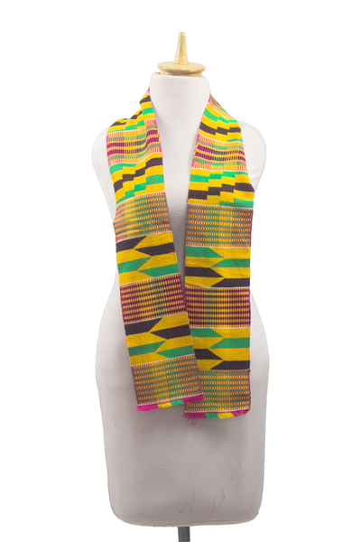 Cotton blend kente cloth scarf, 'Kente Queen' - Multi-Colored Geometric Woven Kente Cloth with Fringe