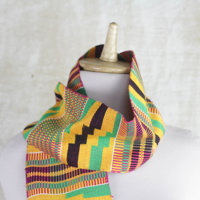Cotton blend kente cloth scarf, 'Kente Queen' - Multi-Colored Geometric Woven Kente Cloth with Fringe