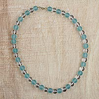 Recycled glass beaded necklace, 'Honoring Mother' - Aqua Blue Recycled Frosted and Clear Glass Beaded Necklace