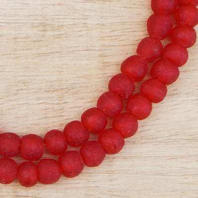 Recycled glass beaded necklace, 'Rosy Red' - Recycled Glass Beaded Necklace in Red from Ghana