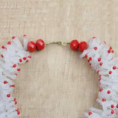 Recycled plastic beaded necklace, 'Red Coral' - Red and White Recycled Plastic Beaded Necklace from Ghana