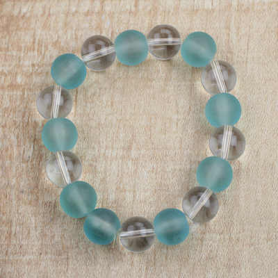 Recycled glass beaded stretch bracelet, 'Beautiful Ice' - Clear and Blue Recycled Glass Beaded Stretch Bracelet