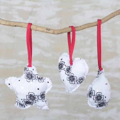 Cotton ornaments, 'Pure Joy' (set of 3) - Black and White Floral Cotton Holiday Ornaments (Set of 3)