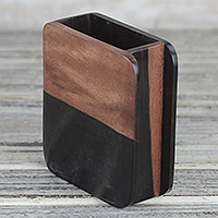 Hand Carved Ebony Wood Rounded Rectangle Pencil Holder,'Modern Nature'