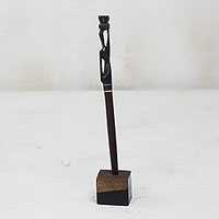 Hand-Carved Ebony Wood Pen and Pen Holder from Ghana,'Mother Carrying Fruit'