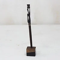 Ebony wood pen and pen holder, 'Mother Carrying Fruit' - Hand-Carved Ebony Wood Pen and Pen Holder from Ghana