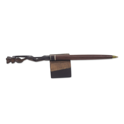 Ebony wood pen and pen holder, 'Mother Carrying Fruit' - Hand-Carved Ebony Wood Pen and Pen Holder from Ghana