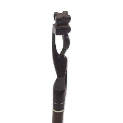 Ebony wood pen and pen holder, 'Mother Carrying Fruit' - Hand-Carved Ebony Wood Pen and Pen Holder from Ghana