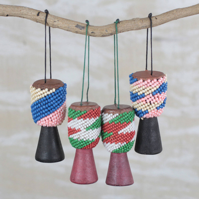 Recycled glass beaded wood and leather ornaments, Beaded Drums (set of 4)