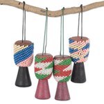 Recycled glass beaded wood and leather ornaments, 'Beaded Drums' (set of 4) - Recycled Glass Wood Beaded Drum Ornaments (Set of 4)