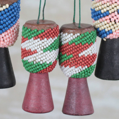 Recycled glass beaded wood and leather ornaments, 'Beaded Drums' (set of 4) - Recycled Glass Wood Beaded Drum Ornaments (Set of 4)
