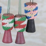 Recycled glass beaded wood and leather ornaments, 'Beaded Drums' (set of 4) - Recycled Glass Wood Beaded Drum Ornaments (Set of 4)