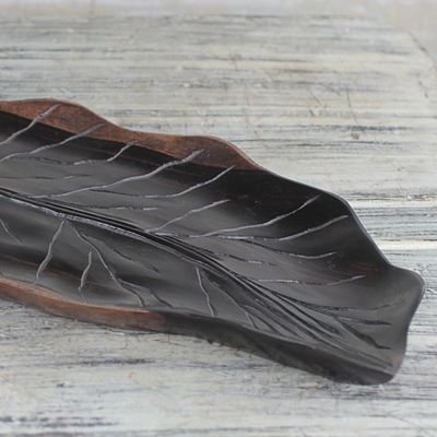 Ebony wood decorative tray, 'Broad Leaf' - Handcrafted Dark Ebony Wood Leaf Decorative Tray from Ghana
