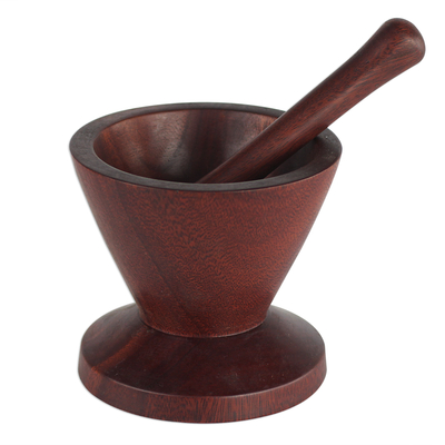 Ebony wood decorative mortar and pestle, 'Graceful Lines' - Hand-Carved Ebony Decorative Mortar and Pestle Set