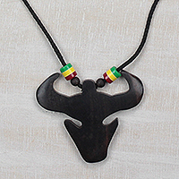 Wood pendant necklace, 'African Bull' - Hand-Carved Sese Wood Bull Pendant Necklace from Ghana