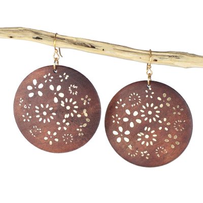 Ebony wood dangle earrings, 'Bountiful Garden' - Handcrafted Ebony Wood and Brass Floral Dangle Earrings