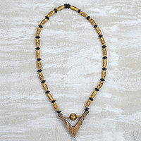 Wood and recycled plastic beaded pendant necklace, 'Chosen Path' - Sese Wood and Recycled Plastic Floral Beaded Long Necklace