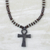 Wood and recycled glass beaded pendant necklace, 'Ankh Blessing' - Sese Wood and Recycled Glass Ankh Pendant Necklace