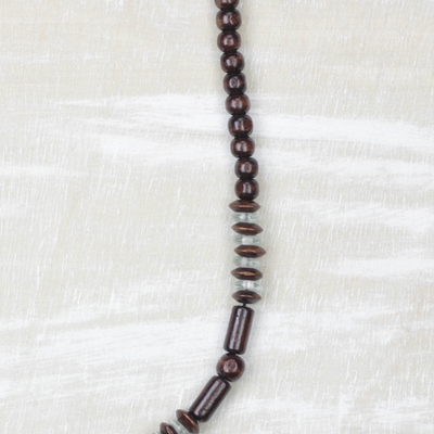 Wood and recycled glass beaded pendant necklace, 'Ankh Blessing' - Sese Wood and Recycled Glass Ankh Pendant Necklace