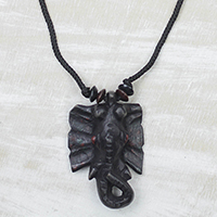 Wood pendent necklace, 'Brave Elephant' - Hand-Carved Brave Elephant Sese Wood Pendant Necklace