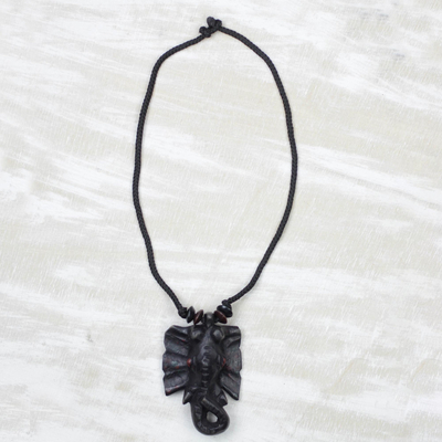 Wood pendent necklace, 'Brave Elephant' - Hand-Carved Brave Elephant Sese Wood Pendant Necklace