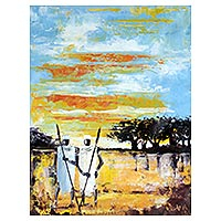 'Two Paddies' - Signed Painting of Two Men on a Farm from Ghana