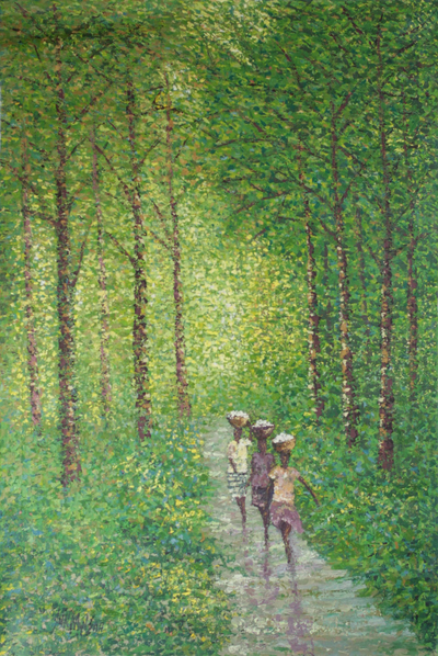 'Sol a través del bosque' - Pintura impresionista de personas caminando por el bosque