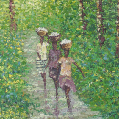 'Sol a través del bosque' - Pintura impresionista de personas caminando por el bosque
