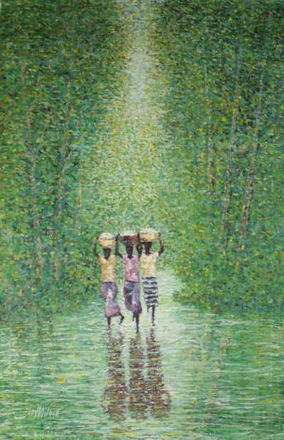 „Walking Home“ – Impressionistische Malerei von Frauen in Bäumen aus Ghana