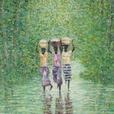 'Walking Home' - Impressionist Painting of Women in Trees from Ghana