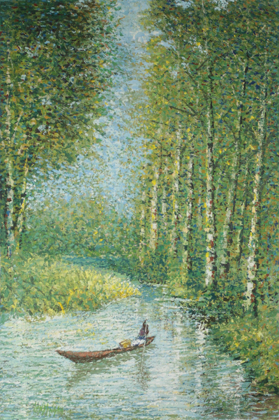 'Silent Sweat' - Impressionist Painting of a Canoe in the Forest from Ghana