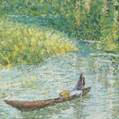 „Stiller Schweiß“. - Impressionistische Malerei eines Kanus im Wald aus Ghana