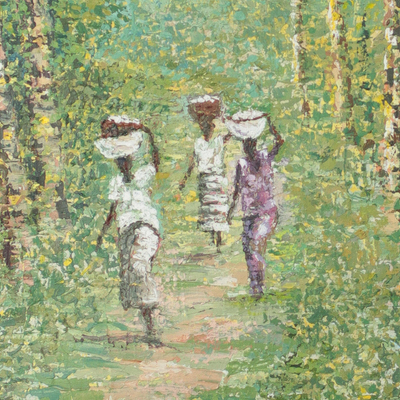 Waldweg'. - Impressionistische Malerei von Menschen, die einen Waldweg gehen