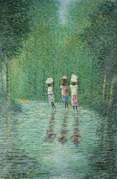 'Forest Green' - Signed Impressionist Painting of a Green Forest from Ghana