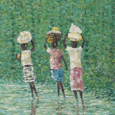 'Forest Green' - Signed Impressionist Painting of a Green Forest from Ghana