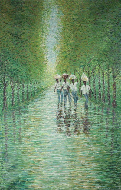 'From the Farm' - Impressionist Painting of Harvesters in the Forest