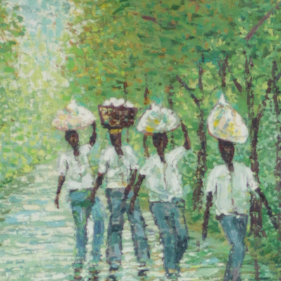 'Desde la granja' - Pintura impresionista de cosechadores en el bosque