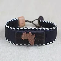 Wood and leather pendant bracelet, 'African Celebration' - Sese Wood and Leather Pendant Bracelet from Ghana