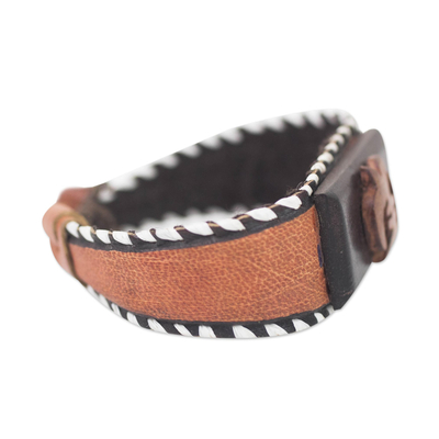 Leather wristband bracelet, 'Ghanaian Symbol' - Leather Wristband Bracelet with Wooden Accent