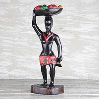 Wood sculpture, 'The Basin Carrier' - Hand-Carved Sese Wood African Woman Sculpture