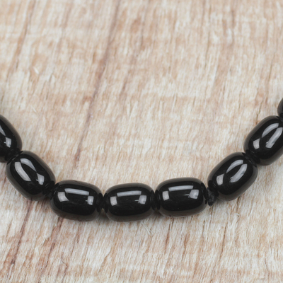 Recycled glass beaded necklace, 'Color of Ebony' - Black Recycled Glass Beaded Necklace from Ghana
